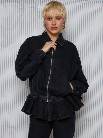 COUREZ Frill Hem Denim Track Jacket /Y2K Spring Clothes For Women Cute Going Out Outfits Black Jackets For Women Summer Outfits Summer Jackets