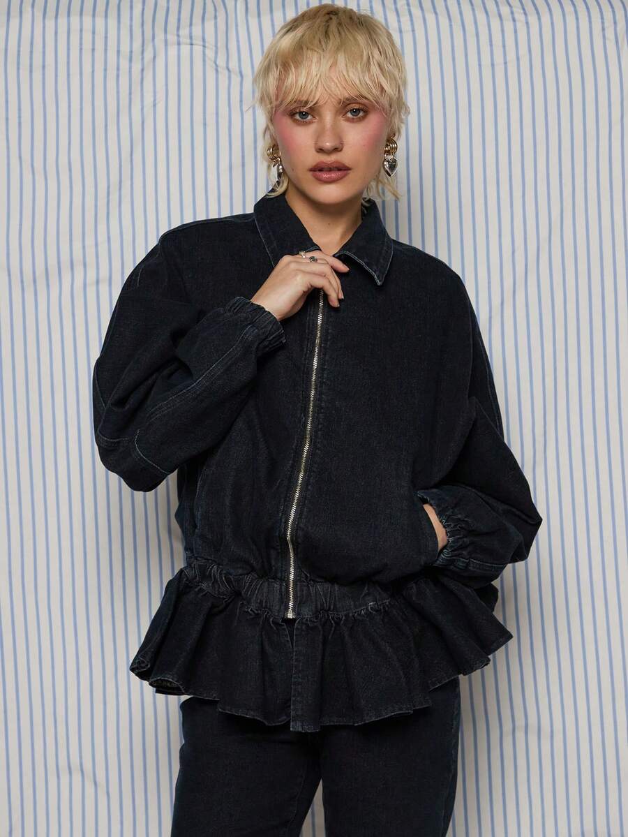 COUREZ Frill Hem Denim Track Jacket /Y2K Spring For Women Cute Going Out Black Jackets For Women Summer Jackets - Black - View 1