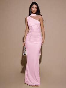 Vestido de malla ajustado con drapeado asimétrico, elegante y sexy vestido de gala para fiesta, boda, cumpleaños, Navidad, Halloween - Amarillo claro - Rosa Pálido - Ver 3