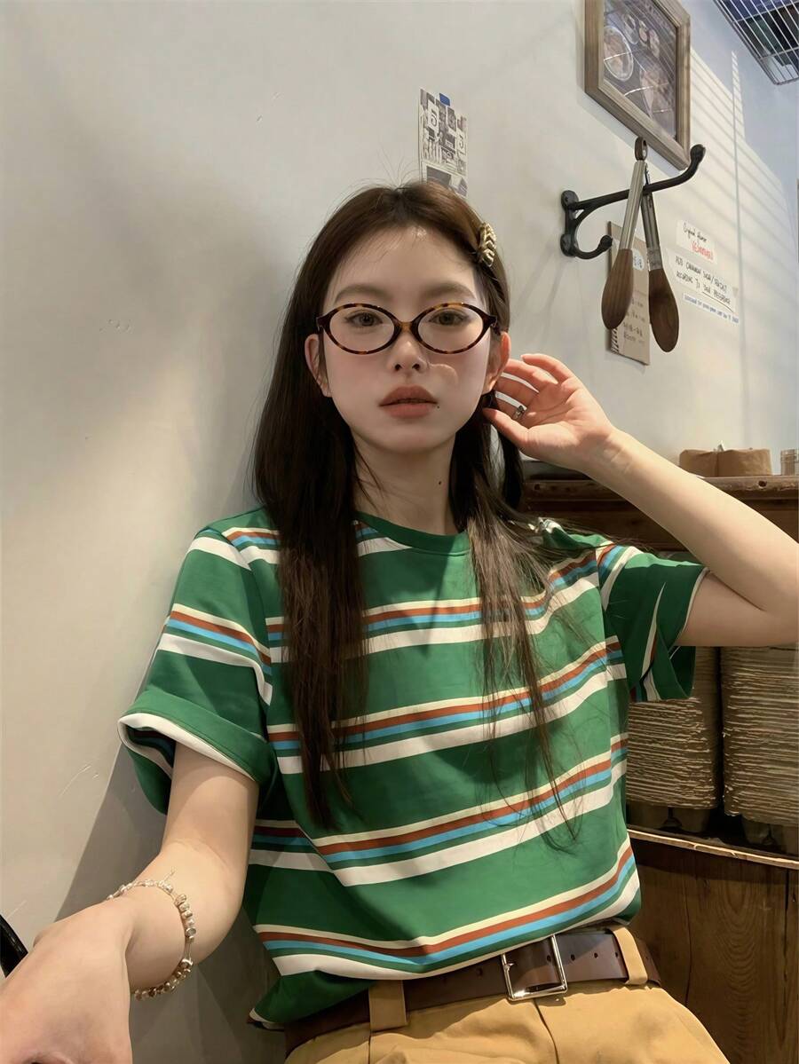 K-Vae 女士绿色条纹圆领短袖T恤 - 綠色 - 查看 1