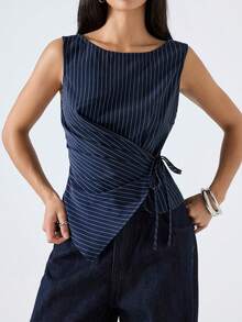 LYSMO Women's Minimalist Printed Sleeveless Round Neck Tank Top - Navy Blue - View 6