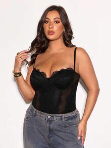 SHEIN BAE Sommar Strandsemester Plus Size Kläder Semesterkläder Fest Samlingar, Dejting Resor, Utekvällar, Musikfestivalkläder, Konsertkläder, Countrymusikfestivalkläder, Dam A Spaghetti Straps Spets Patchwork Svart Korsett Topp Sexig Nyårstopp Bodysuit, Nyårsoutfit Dam, Korsetttoppar För Dam - Svart - Visa 5