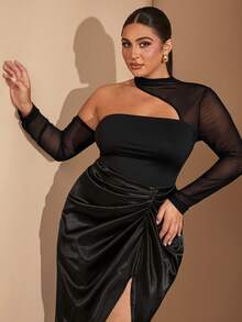 SHEIN BAE Plus Size Women Black Mesh Contrast Asymmetric Bodysuits, Strapless Bodysuits, Women Bodysuit & Concert Women Outfit & Festival Outfits Summer Tops, For Winter - Black - View 5