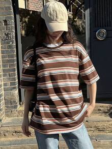 DAZY 条纹宽松长袖圆领女式休闲T恤 Y2k - 咖啡棕 - 查看 4