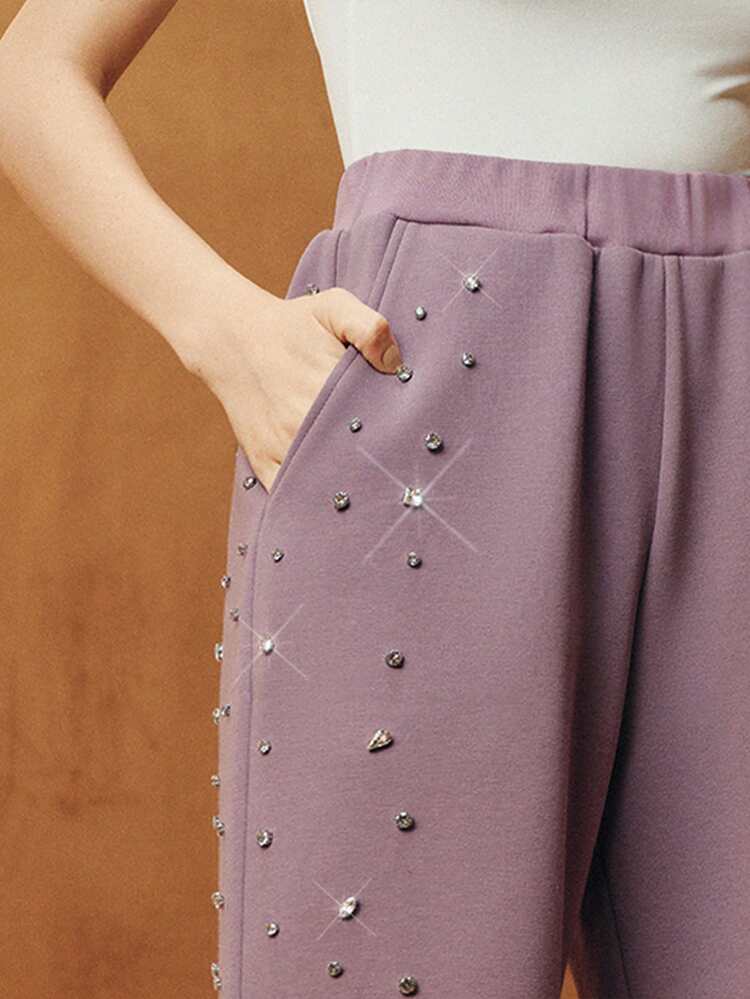 Fashionable Thermal Lined Rhinestone Design Loose Wide-Leg Purple Women's Sweatpants, Suitable For Fall, Festival, Spring