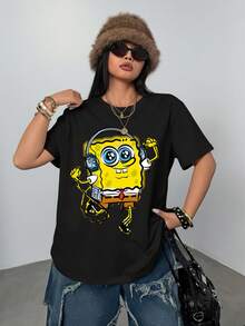 SpongeBob SquarePants | SHEIN 大码卡通图案休闲黑色圆领短袖T恤 - 黑色 - 查看 6