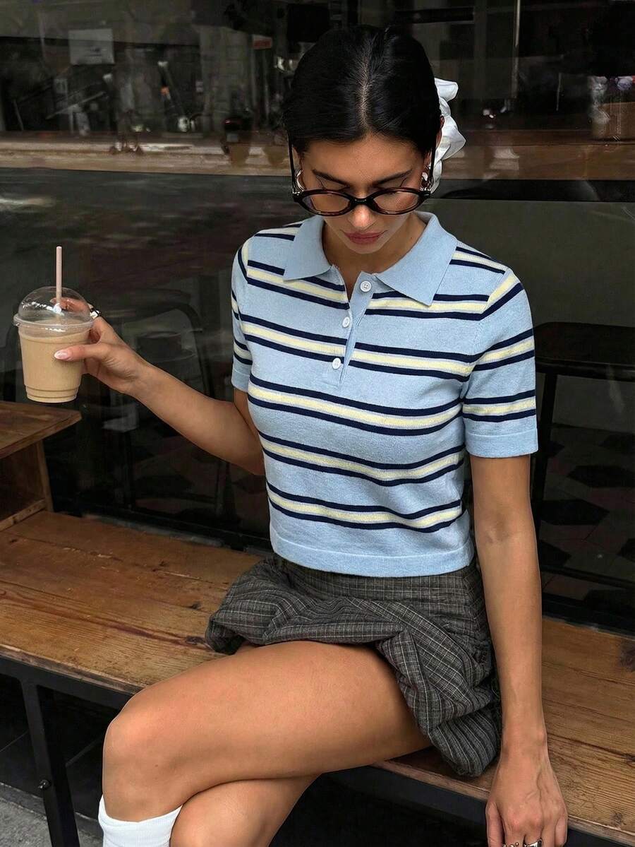 Aloruh 女士美式街头 Y2K Polo 领多色条纹短袖针织衫，春季女装，外出上衣，夏季上衣