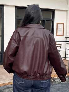 Dazy Plus Plus Size Women Solid Color PU Leather Lapel Loose Motorcycle Jacket, Autumn/Winter - Burgundy - View 2