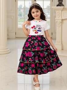 2pcs/Set Tween Girl Round Neck Puff Sleeve Colorful Rose Mask Print Top And Floral Print Cake Skirt, Suitable For Outings And Gatherings Skirt Set For Teens Skirt Set For Girls 2 Piece Sets Skirts Shirt With Skirt For Girls Printed Skirt - White - View 5