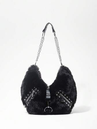 Grunge Punk Ladies, Women Shoulder Bag,Hobo Bag,Faux Fur,Fuzz,Plush Bag,Rivet,Fashionable,Personalized,Versatile,Street,Sweet And Cool Girls,Hot Girls,Punk,Y2k,Daily,Autumn And Winter(Random Pattern)