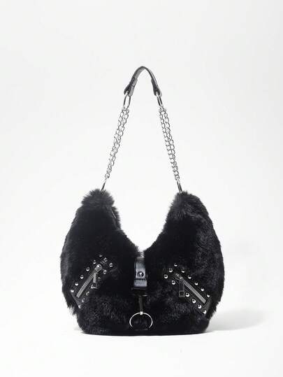 Grunge Punk Ladies, Women Shoulder Bag,Hobo Bag,Faux Fur,Fuzz,Plush Bag,Rivet,Fashionable,Personalized,Versatile,Street,Sweet And Cool Girls,Hot Girls,Punk,Y2k,Daily,Autumn And Winter(Random Pattern)