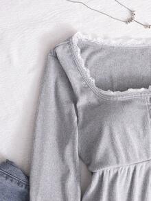 Teen GirlCasual Cute Ruffle Collar Puff Sleeve T-Shirt, Suitable For Female Students Daily Wear - Grey - View 8