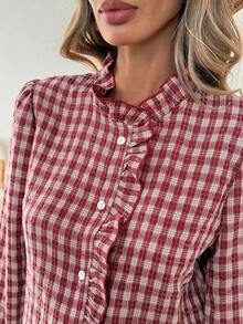 SHEIN LUNE Women's Casual Plaid Red Shirt, Valentine's Day Valentine Spring Casual Blouses For Women Red Blouse Plaid,Casual - Multicolor - View 6