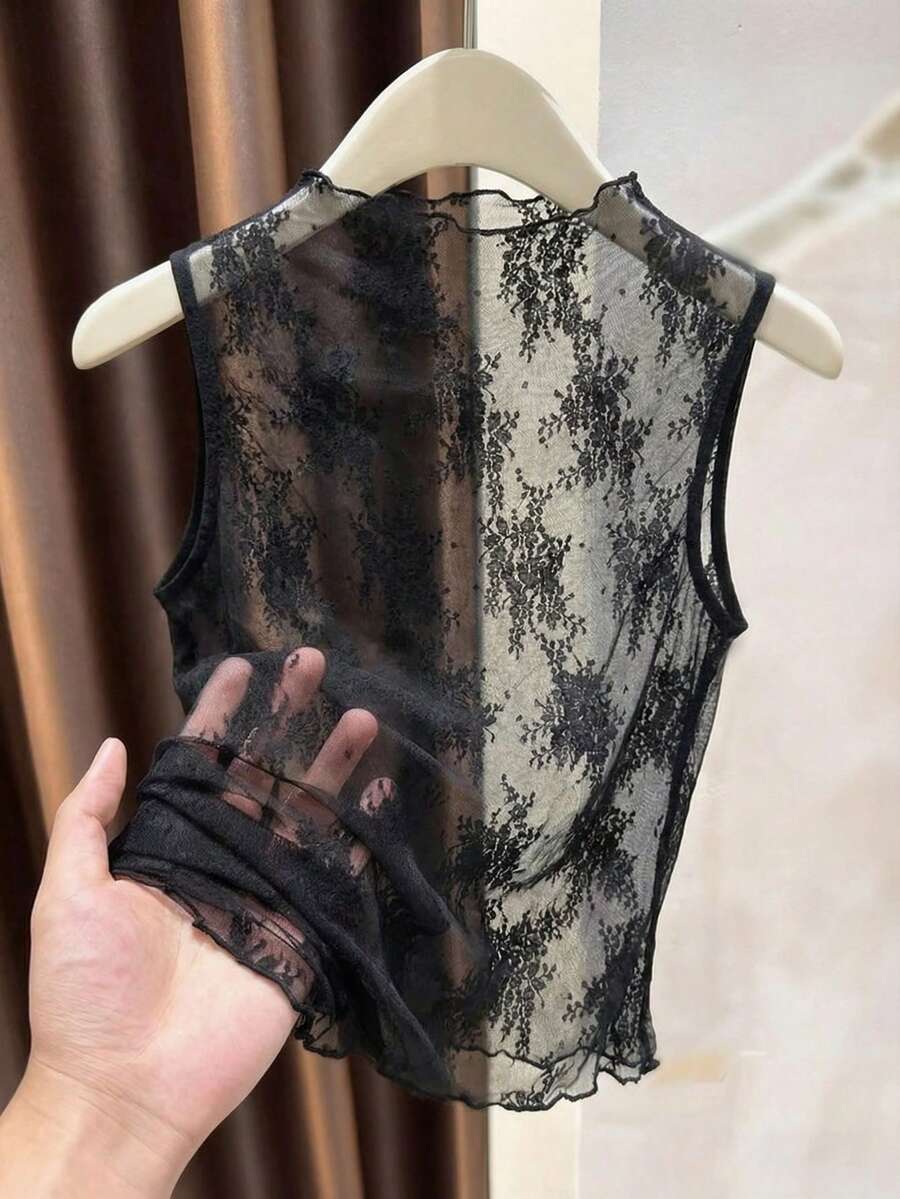 Franclia Black Stand-Up Collar Sheer Sleeveless Tank Top For Women, Black Top, Summer Top, Summer Outfit, Party Top, Beach Outfit, Elegant Women's Top, Sleeveless Top, Lace Outfit.Graduation Season Attire, Fashionable Casual Commuter Wear, Business Office Wear, Versatile And Stylish Everyday Casual Wear, Urban Teacher's Professional Attire - Black - View 1