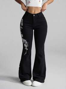 SHEIN ICON Calça jeans flare slim fit com bordado floral elegante plus size - Preto - Ver 5