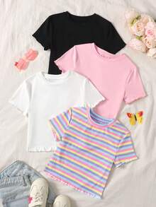 SHEIN Conjunto de 4 piezas de camiseta casual de manga corta con cuello redondo y ribete de volantes para niña preadolescente - Multicolor - Ver 1