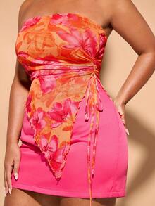 SHEIN BAE 大码女士优雅度假抽绳不对称抹胸上衣，花卉印花设计，适合音乐节、海滩度假/外出/演唱会/夏季服装/无袖上衣/休闲上衣/印花露脐上衣