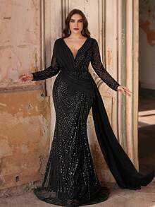 Große Größen elegantes luxuriöses schwarzes Pailletten- & Satin-Patchwork-Kleid mit tiefem V-Ausschnitt, geraffter Passform und Fischschwanzsaum, geeignet für Abendpartys, Dates, Bälle, Urlaub, Hochzeiten, formelle Anlässe (stark verziert), Valentinstag - Schwarz - Übersicht 3