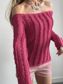 DAZY 紫红色修身露肩上衣，休闲音乐节及假日纹理褶皱条纹短款长袖T恤，女士春夏Y2K风格 - 玫紅色 - 查看 3