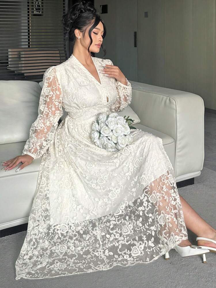 Dazy Plus Valentine V-Neck Waist Cinched Elegant Lace Lantern Sleeve Dress, White Party Gown Sundress