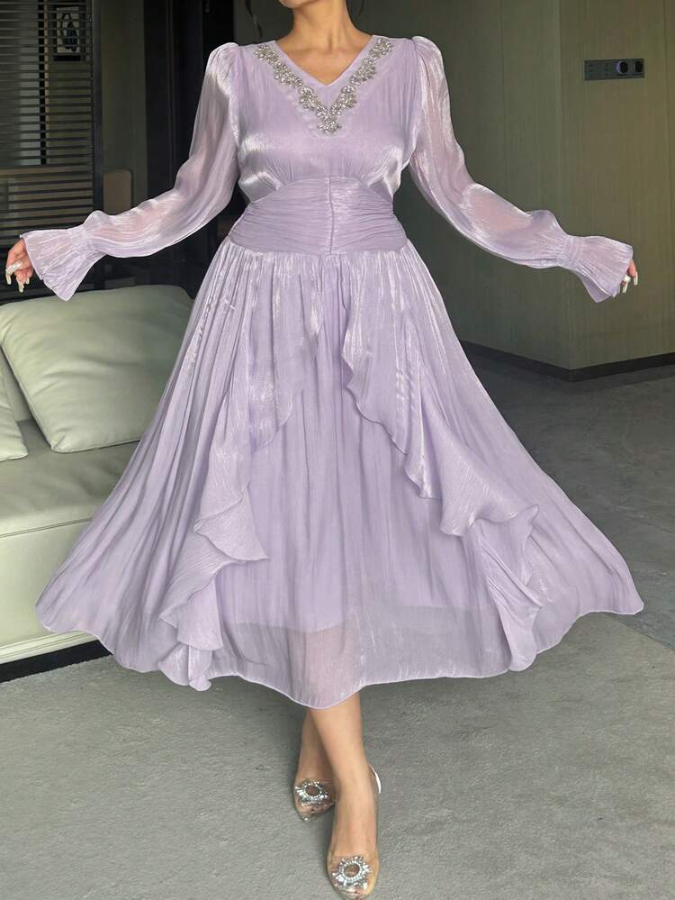 Dazy Plus Plus Size Chiffon Contrast Lace Elegant Waist Cinched Flare Sleeve Rhinestone Decor Long Formal Party Dress, Purple Sundress