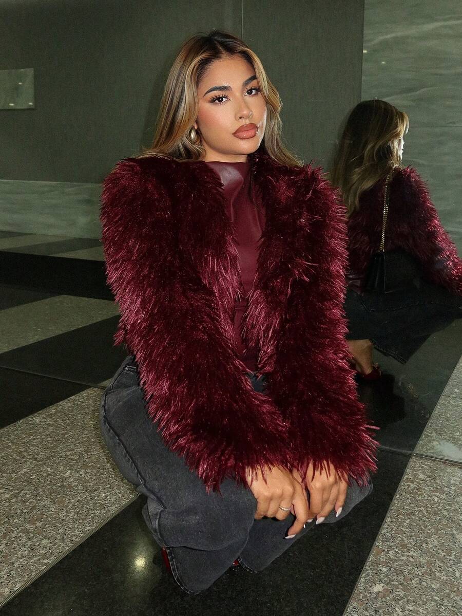 Maria Perezxox 女士时尚性感短款仿皮草大衣，秋冬新品 - 酒紅色 - 查看 1