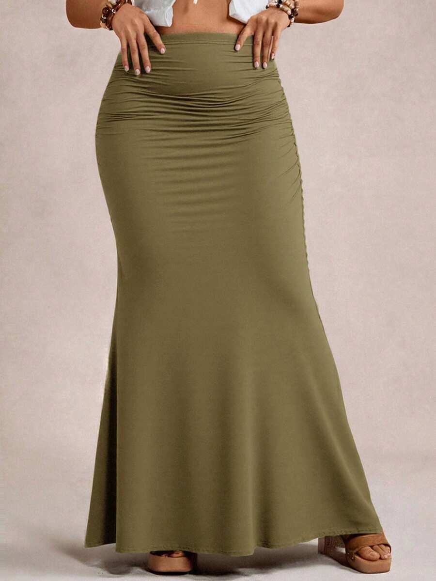 Freevana Saia longa de malha evasê vintage romântica e elegante plus size, ideal para festas e encontros, outono/inverno. - Verde de Exercício - Ver 1