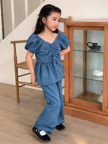 DAZY Young Girls Shirt Set, Sweet Puff Sleeve Drawstring Short Sleeve Top And Flared Straight Leg Pants Set Summer - Blue - View 3