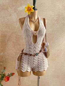 Soleia Women's Vacation Khaki Crochet Textured Halter V-Neck Metallic Accent Jumpsuit, Sexy Beach Romper For Holiday, Date, Beach Vacation, Wedding, Party, Cruise, City Getaway, Boho Vacation, Music Festival, Hippie, Western Crochet Romper Women Crochet Swimsuit Women