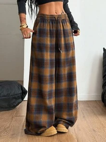 Coolane 大码女式抽绳腰格子阔腿宽松休闲裤 - 棕色 - 查看 2