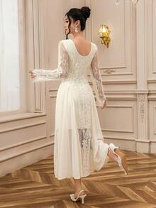 DAZY Đầm dài dáng xòe tay bồng phối ren tương phản thanh lịch dành cho nữ, thích hợp cho tiệc tùng, mùa xuân và mùa thu. - Màu be - Xem 2