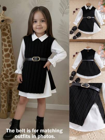 Vestido de manga larga de 2 en 1 con bloques de color lindo para niñas, otoño/invierno