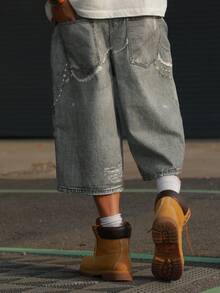 DAZY Men's Distressed Washed Grey Patterned Digital Print Denim Shorts, Summer - Grey - View 2