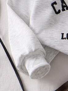 SHEIN 2pcs/Set Spring & Autumn Girl's Outfit Set, Light Gray Collared Long Sleeve Sweatshirt Shirt + Striped Plaid Mini Skirt, Front Printed English Letter Graphic, Casual Retro School Style, Suitable For Daily Wear, Campus - Brown - View 3