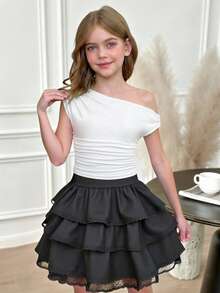 SHEIN 少女不对称斜肩无袖侧褶皱修身短款T恤 - 白色 - 查看 4