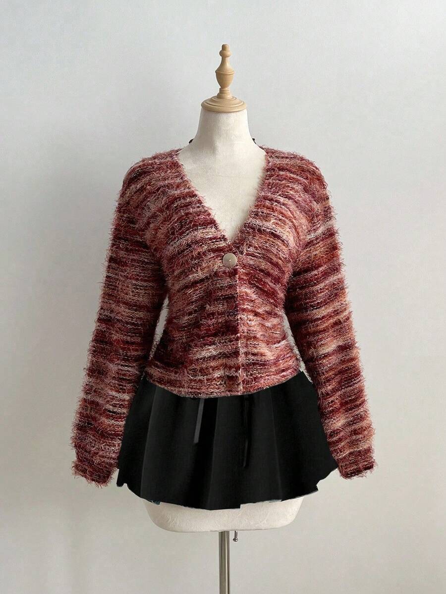 Sunspun Plus Size Women Colorful Knitted Long Sleeve Single-Breasted Cardigan - Multicolor - View 1
