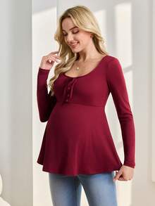 SHEIN Maternity Loose Scoop Neck Button Tie Long Sleeve Top, Fashionable & Minimalist - Red - View 4