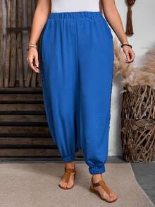 SHEIN Pantalones informales de talla grande con cordón en unicolor - Azul - Ver 6