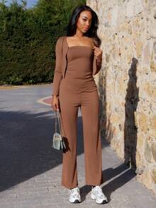 Yess Loren 3pcs/Set Women Solid Color Fitted Outfit - Brown - View 4