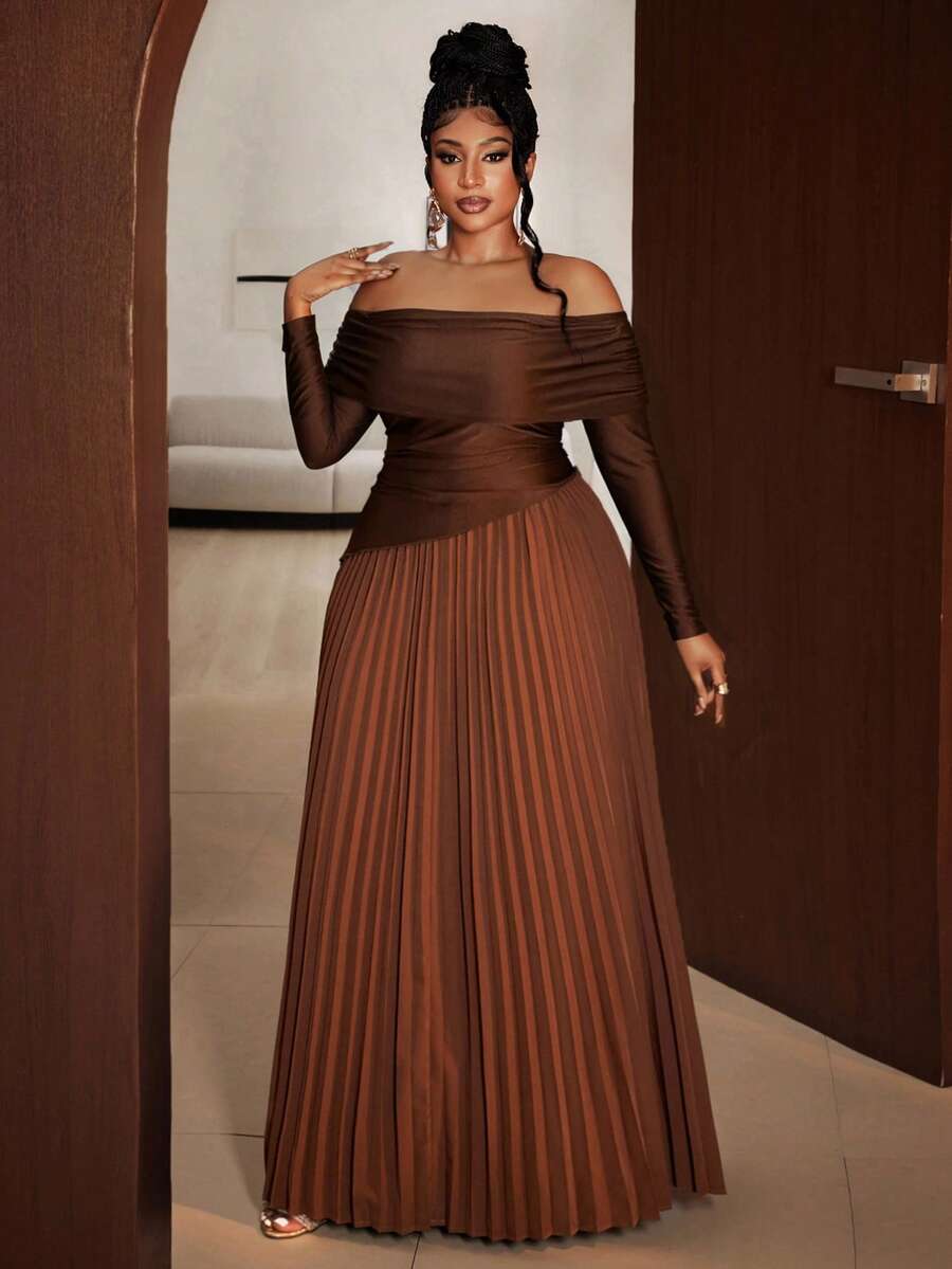 Maweii Vestido asimétrico con hombros descubiertos y drapeado de unicolor para mujer de talla grande, versátil para uso diario, adecuado para el otoño - Marrón - Ver 1