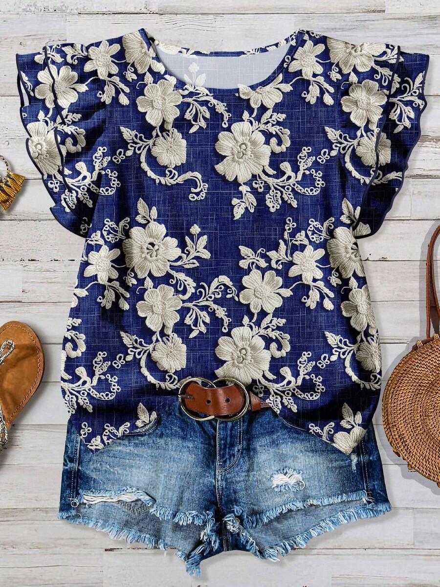 EMERY ROSE 女士复古花卉蕾丝印花优雅衬衫，适合通勤、外出、约会等场合，时尚别致 - 彩色 - 查看 1