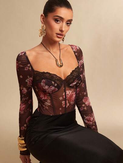 Silquee Ny blommig klänning med spetsdetaljer och genomskinlig mesh för kvinnor, vår/höst