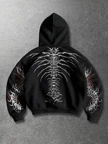 ROMWE MEN 男士字母和翅膀印花拉链连帽衫 - 黑色 - 查看 2