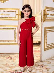 Young Girl Solid Color Knit Asymmetric Floral Jumpsuit