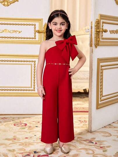 Young Girl Solid Color Knit Asymmetric Floral Jumpsuit