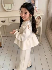DAZY Young Girls Round Neck Bow Ruffle Trim Long Sleeve Sweatshirt And Casual Ruffle Trim Flared Pants Set - Apricot - View 2