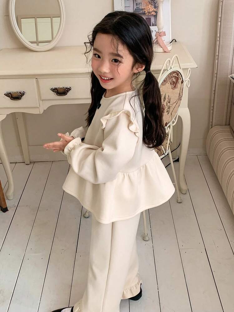 Young Girls Round Neck Bow Ruffle Trim Long Sleeve Sweatshirt And Casual Ruffle Trim Flared Pants Set