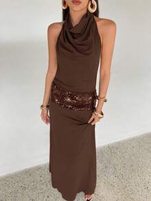 Aloruh Đầm đen đính sequin, hở lưng, cổ yếm - màu nâu - Xem 3