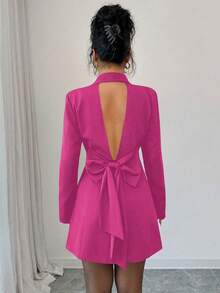 Rafferiza Women's Long Sleeve Open Back Bowknot Decor Hollow Out Dress - Hot Pink - View 2