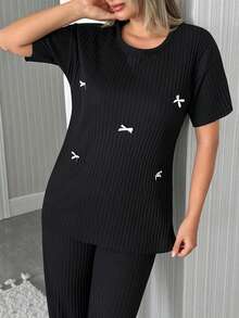 EURMUSE Cottonline Women Contrast Bows Detail Short Sleeve T-Shirt & Long Pants Homewear Lounge Pajama Set - Black - View 4